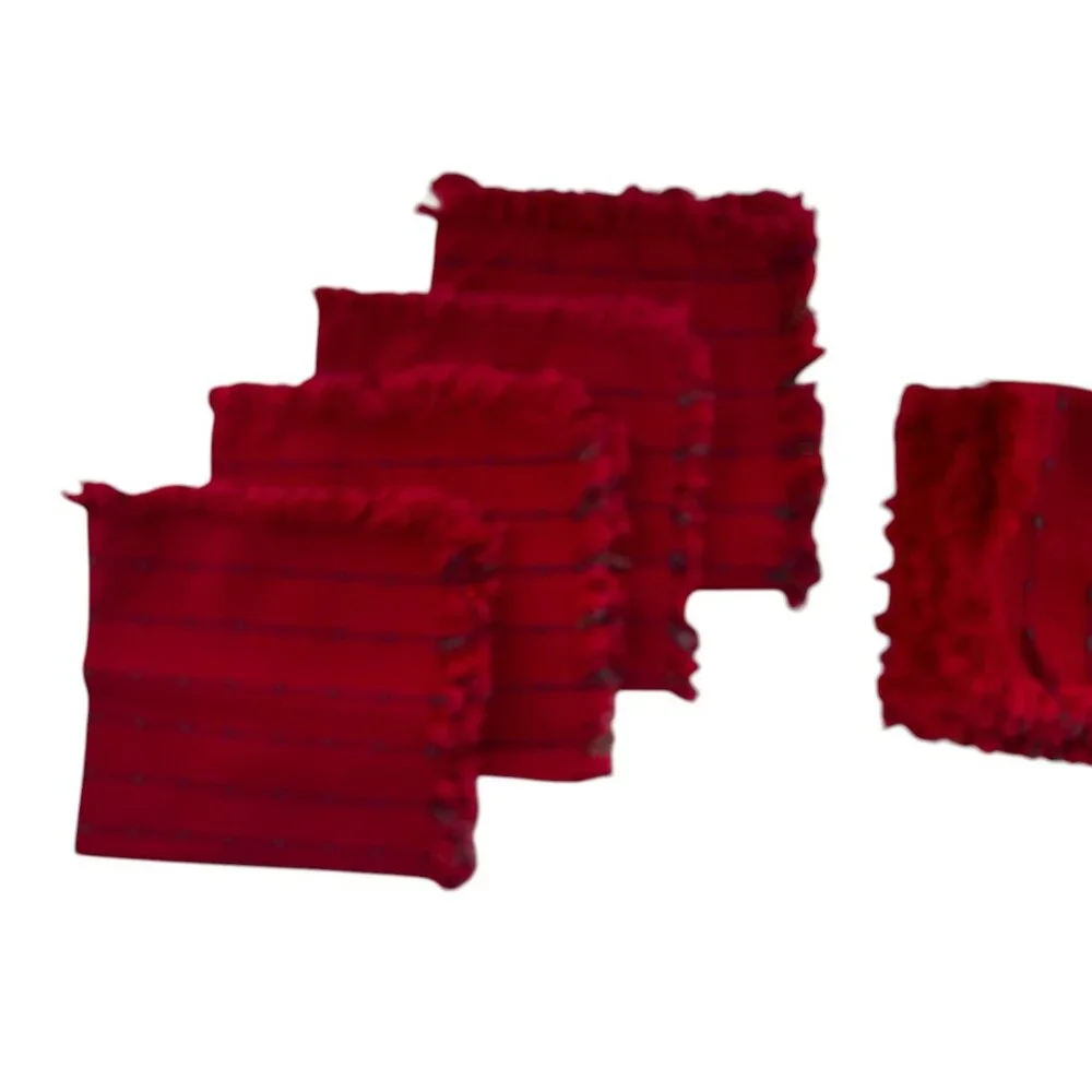 Set Of 4 Handmade Woven Red Placemats & Napkins Fringe Edges & Green Accent